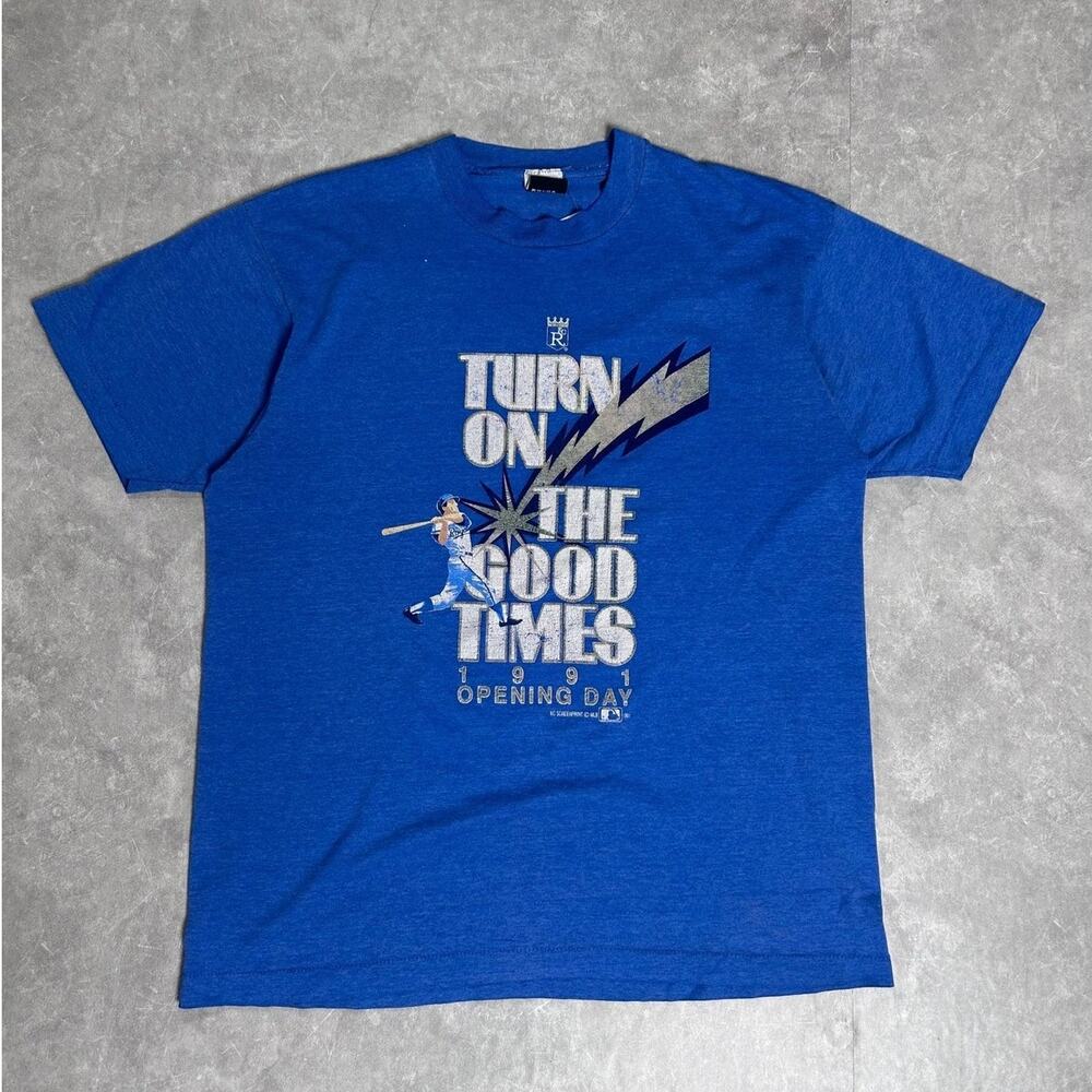 1991 Vintage Kansas City Royals Opening Day "Good Times" Blue T Shirt -XL